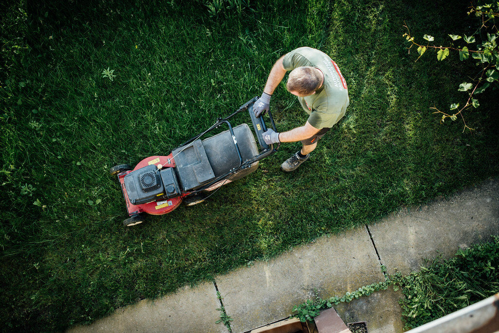 Overhead view of a gardener pushing a red mower through tall uncut grass beside a concrete path